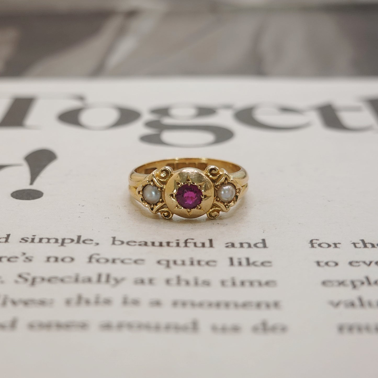 18ct Gold Antique Victorian Natural Burma Ruby & Pearl Signet Gypsy Ring