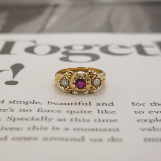 18ct Gold Antique Victorian Natural Burma Ruby & Pearl Signet Gypsy Ring