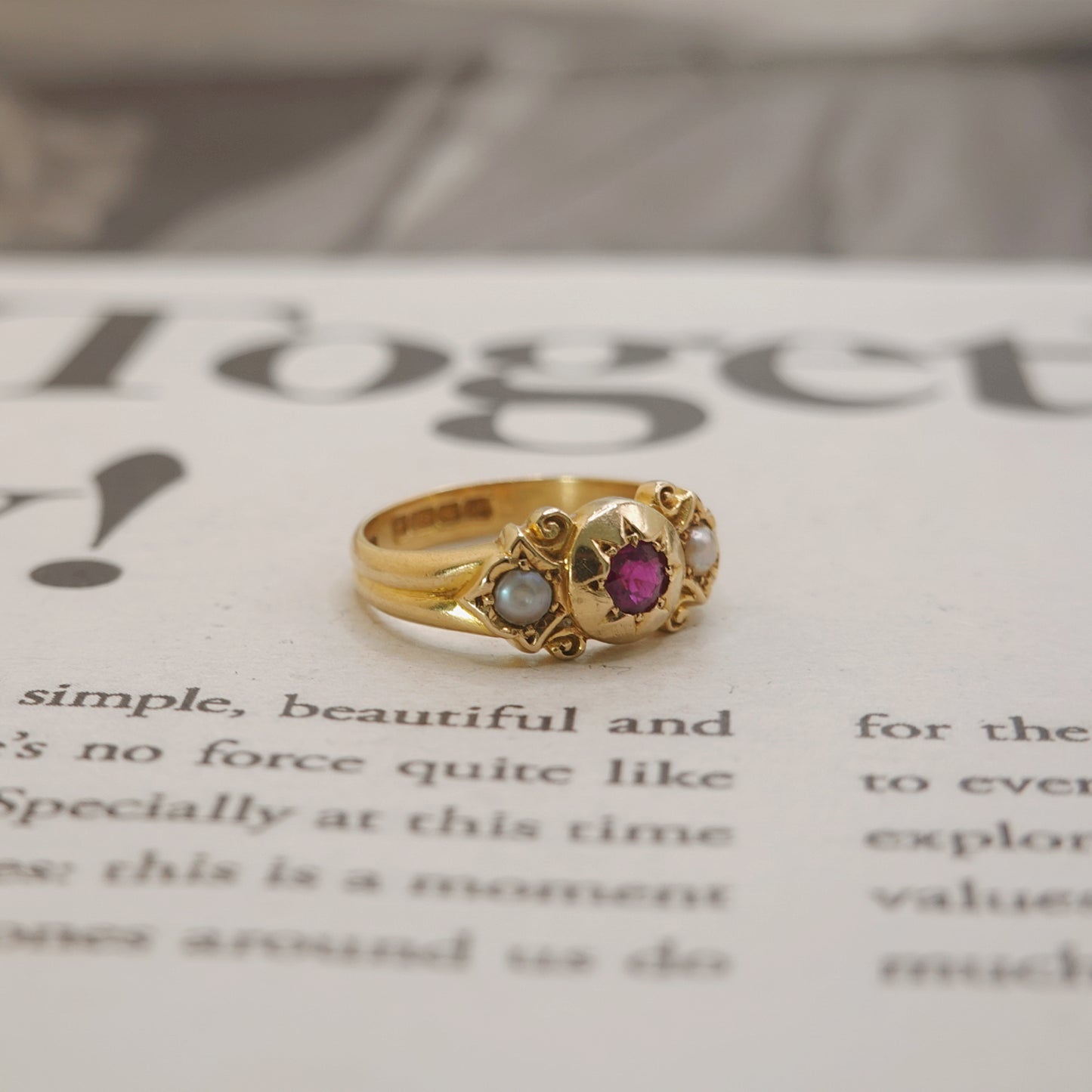 18ct Gold Antique Victorian Natural Burma Ruby & Pearl Signet Gypsy Ring