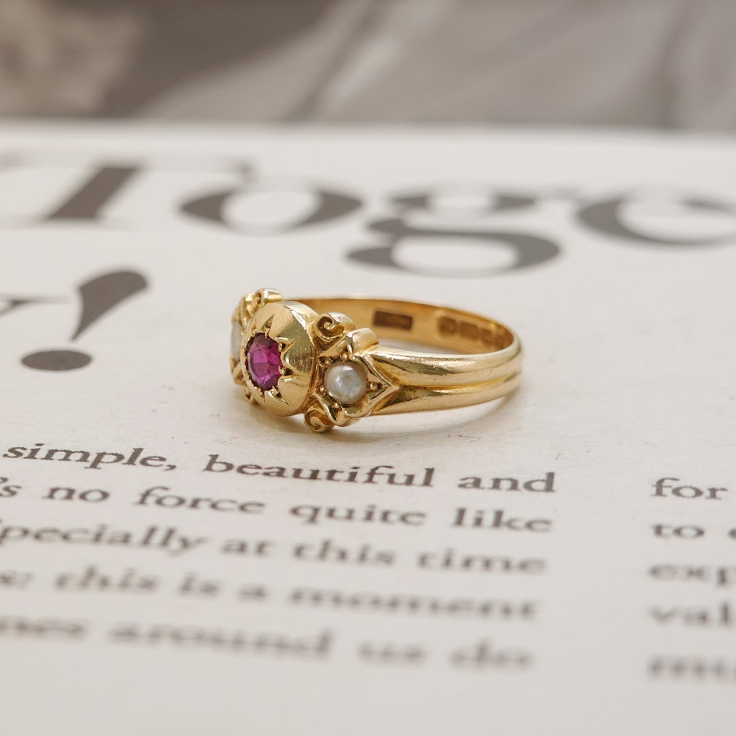 18ct Gold Antique Victorian Natural Burma Ruby & Pearl Signet Gypsy Ring