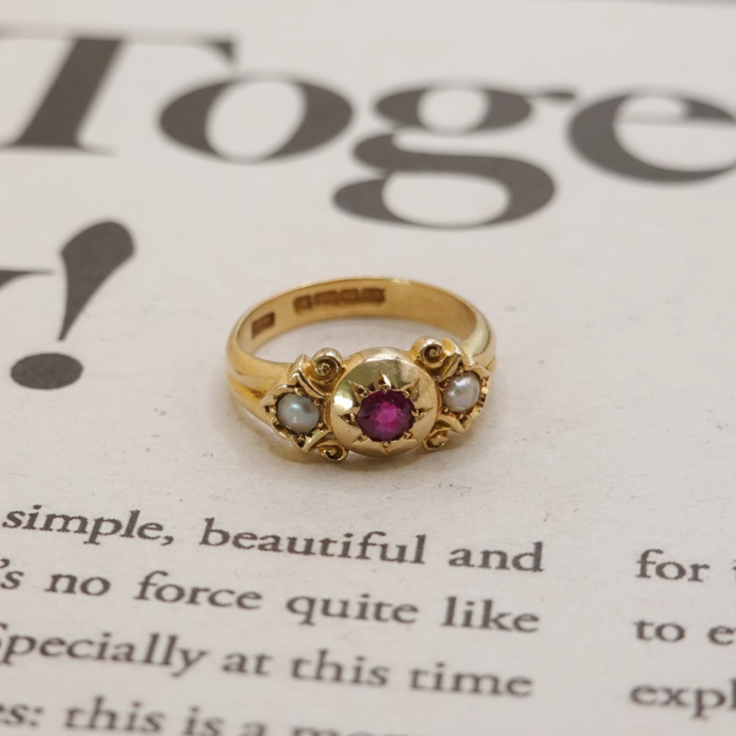 18ct Gold Antique Victorian Natural Burma Ruby & Pearl Signet Gypsy Ring