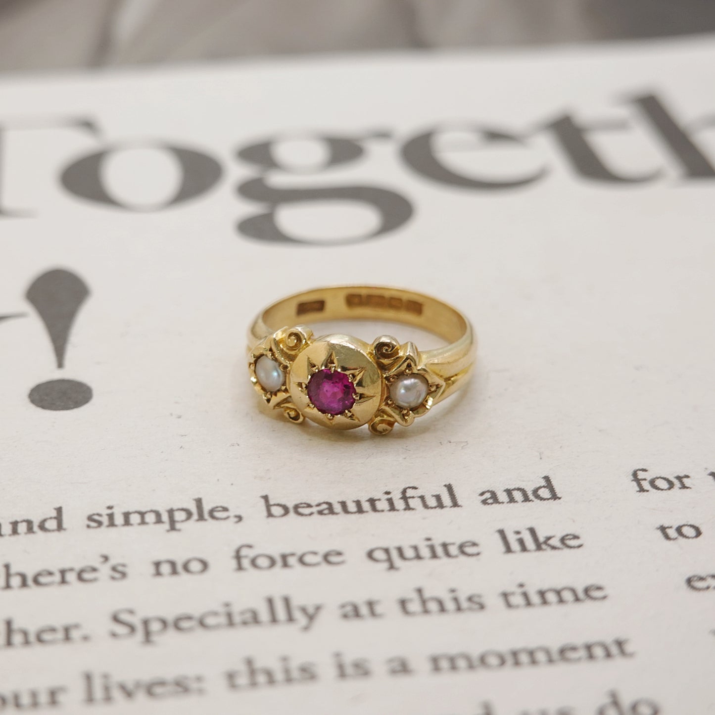 18ct Gold Antique Victorian Natural Burma Ruby & Pearl Signet Gypsy Ring