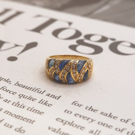 Vintage French 18ct Gold Cabochon Sapphire & Diamond Ring