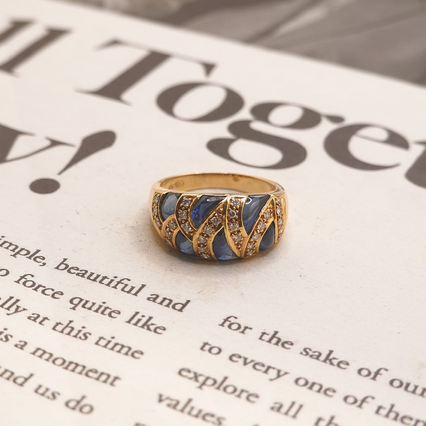 Vintage French 18ct Gold Cabochon Sapphire & Diamond Bombe Ring