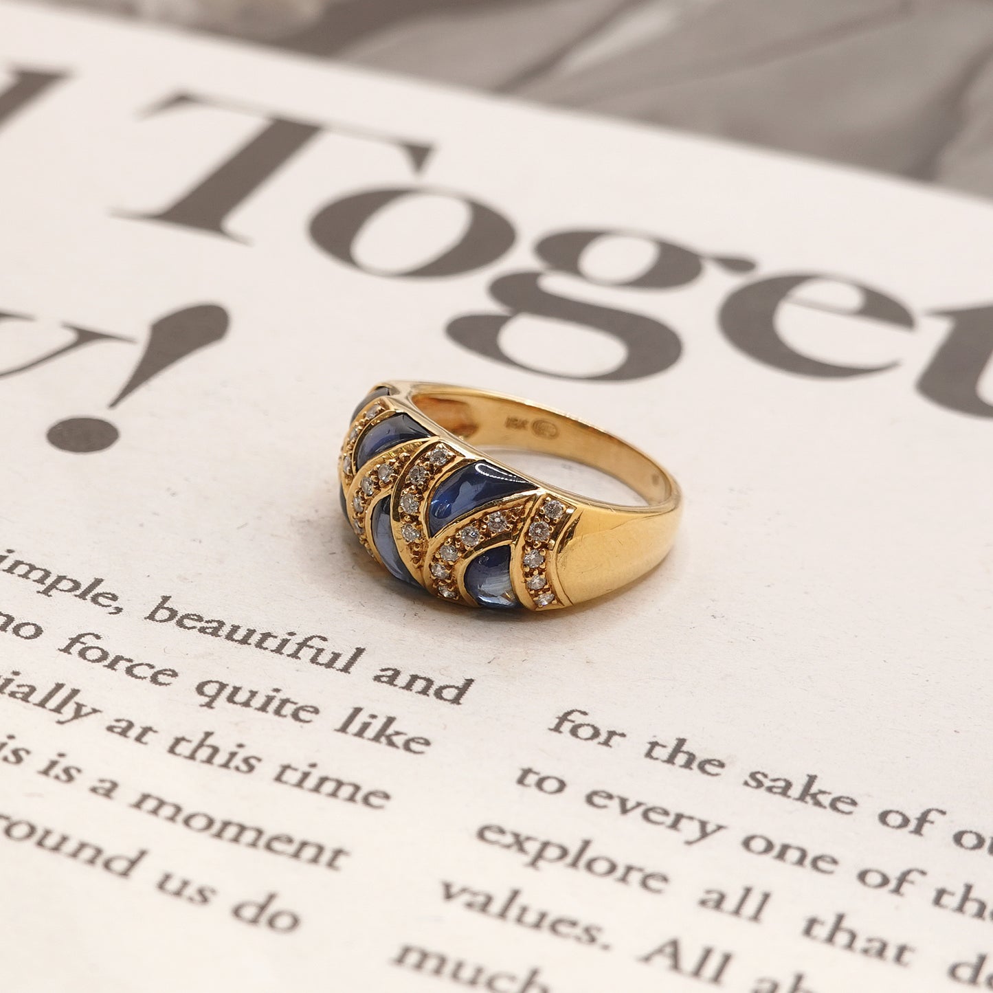 Vintage French 18ct Gold Cabochon Sapphire & Diamond Bombe Ring