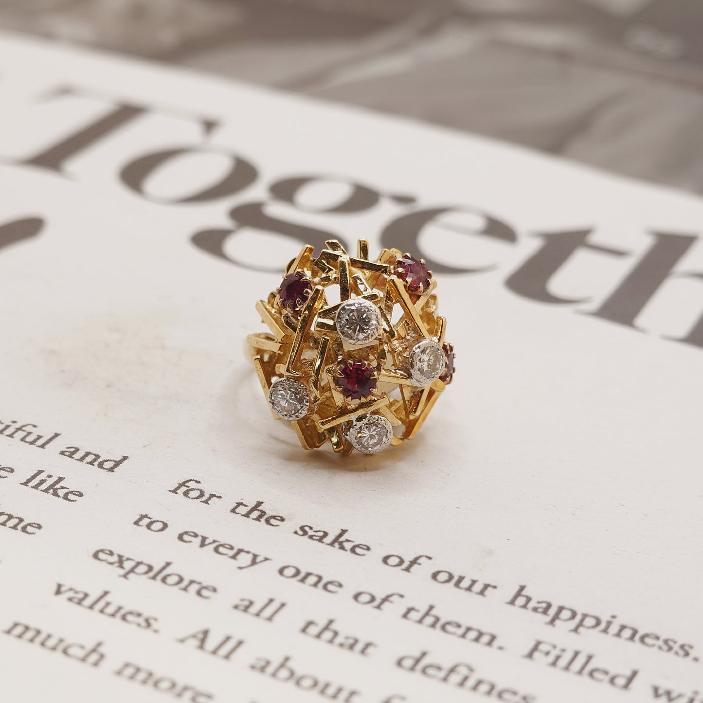 Brutalist 1960's 18ct Gold Ruby and Diamond Dress Ring
