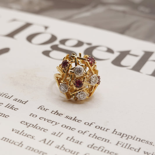 Brutalist 1960's 18ct Gold Ruby and Diamond Dress Ring