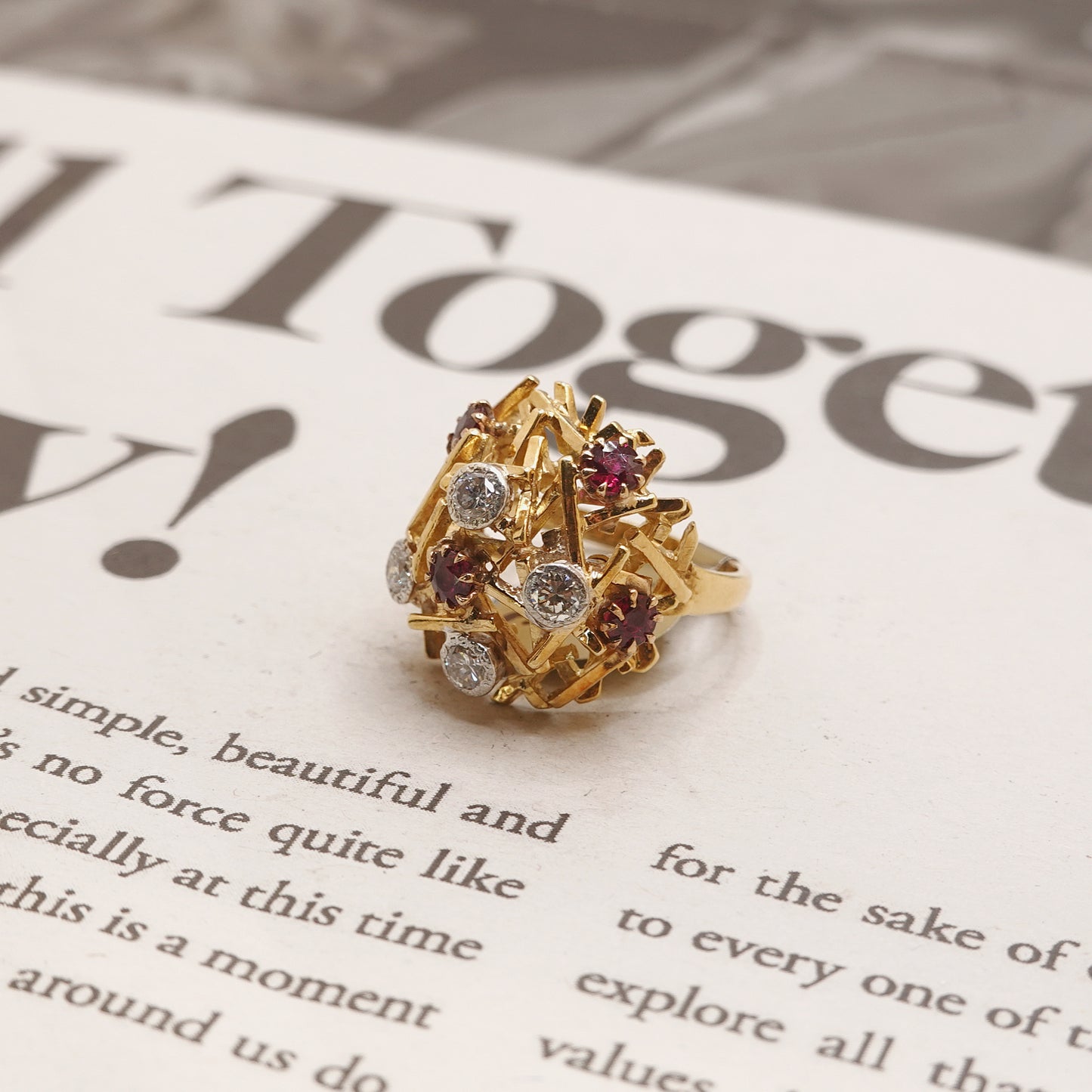 Brutalist 1960's 18ct Gold Ruby and Diamond Dress Ring