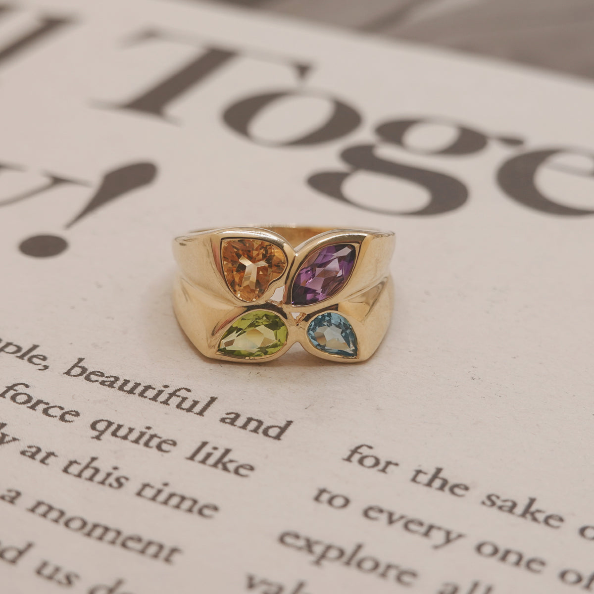 14ct Gold Vintage Peridot, Citrine, Amethyst & Topaz Ring