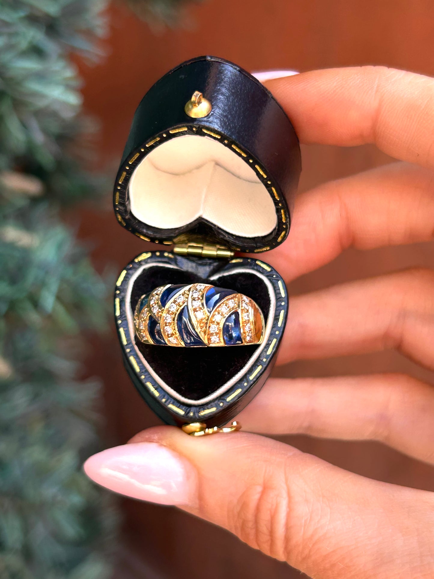 Vintage French 18ct Gold Cabochon Sapphire & Diamond Bombe Ring
