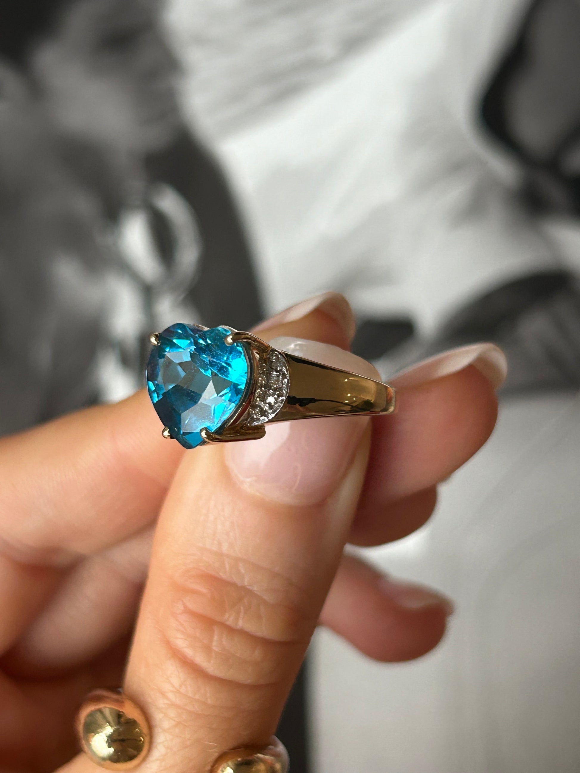 9ct Yellow Gold Blue Heart Topaz and Diamond Ring