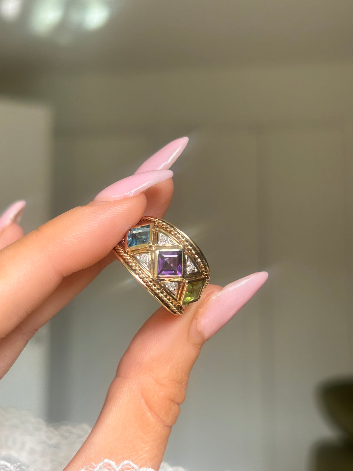 Vintage 9ct Gold Two-Tone Multi-Gemstone & Diamond Wide Band Ring