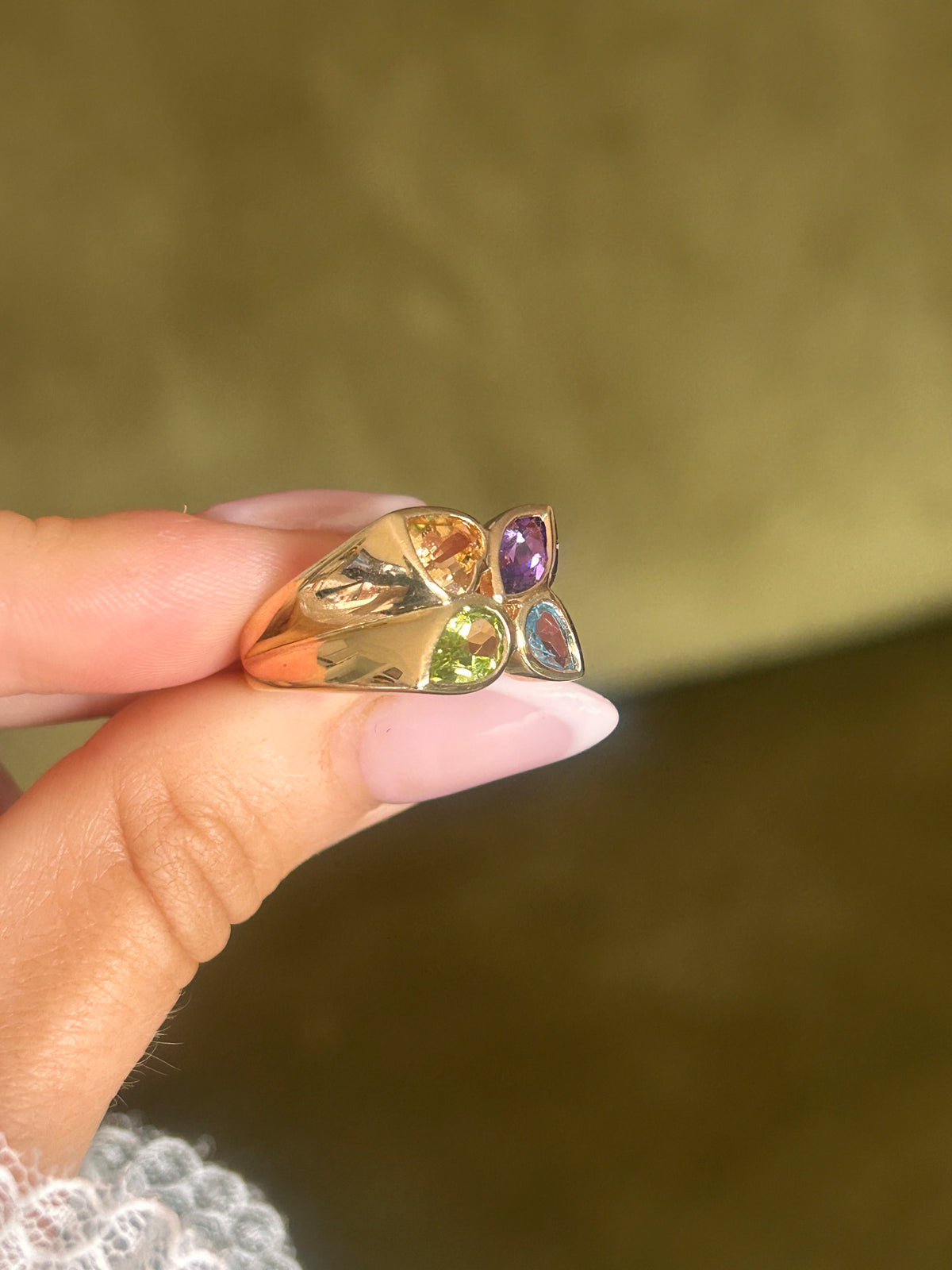 14ct Gold Vintage Peridot, Citrine, Amethyst & Topaz Ring