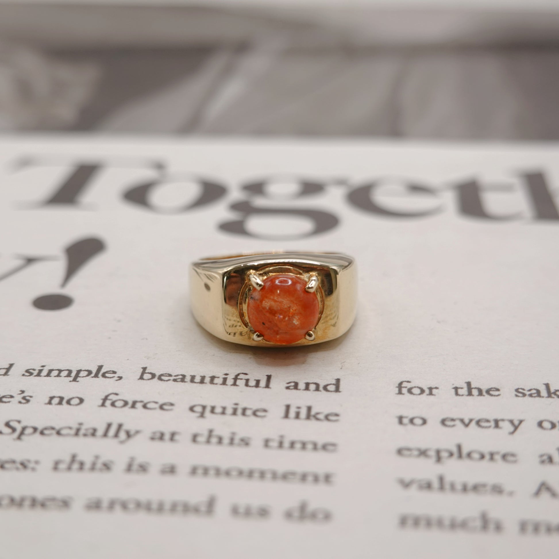 9ct Yellow Gold Orange Speckled Gemstone Cabochon Ring