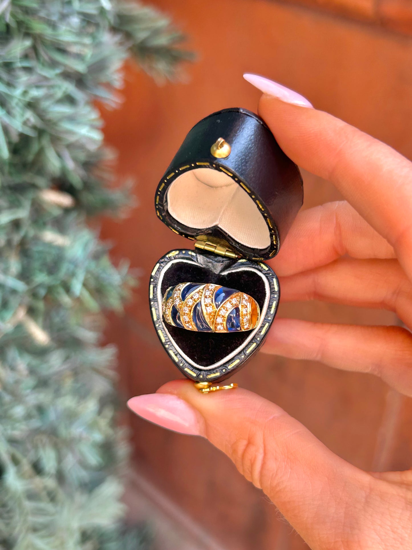Vintage French 18ct Gold Cabochon Sapphire & Diamond Bombe Ring