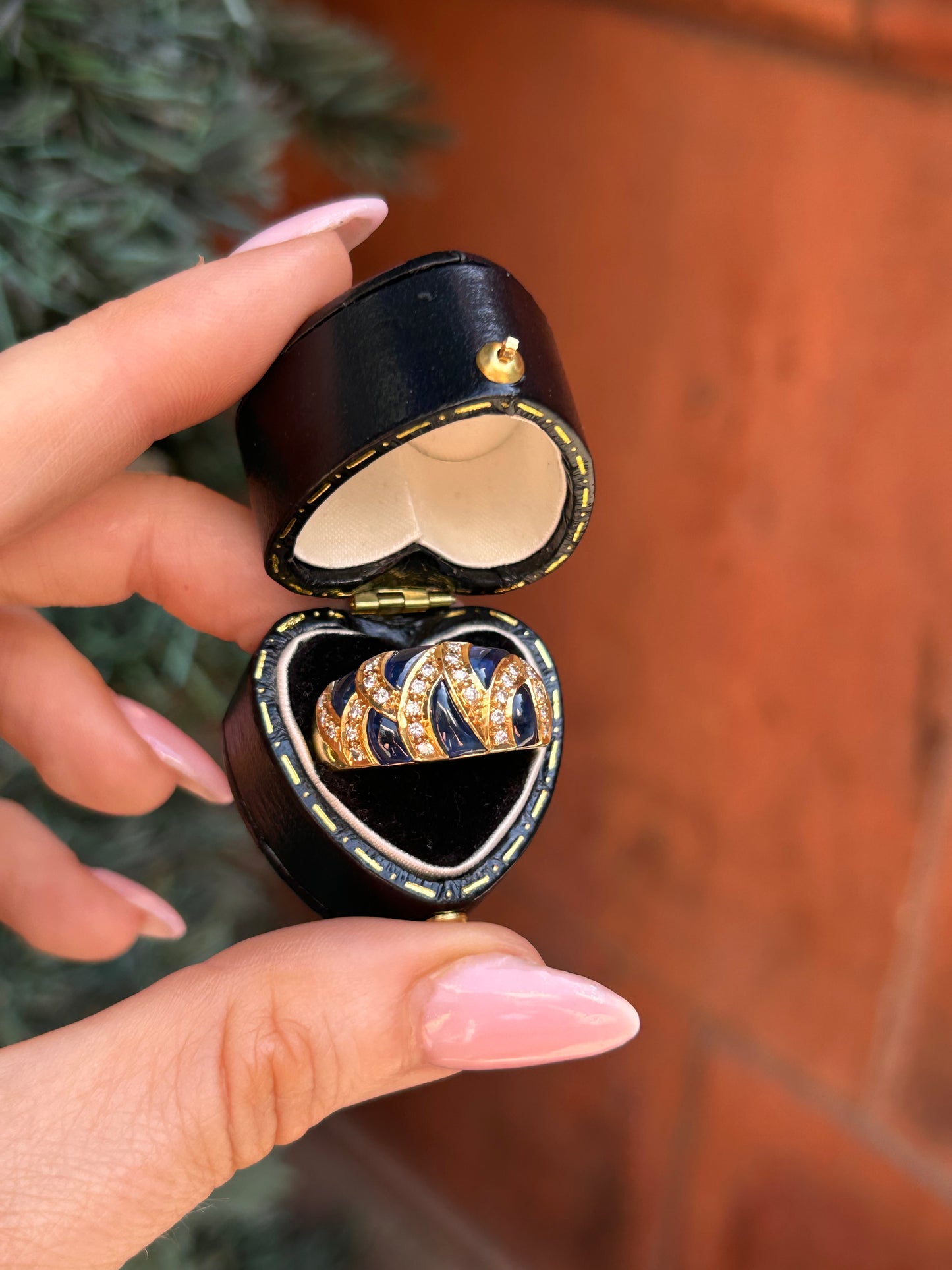 Vintage French 18ct Gold Cabochon Sapphire & Diamond Bombe Ring