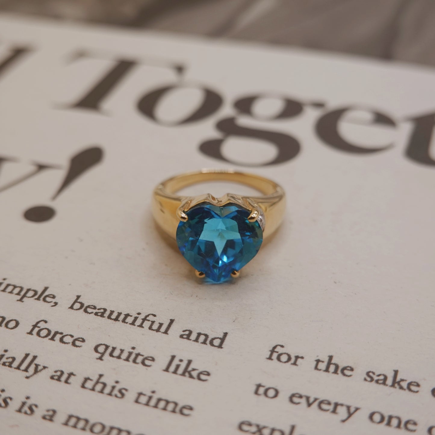 9ct Yellow Gold Blue Heart Topaz and Diamond Ring