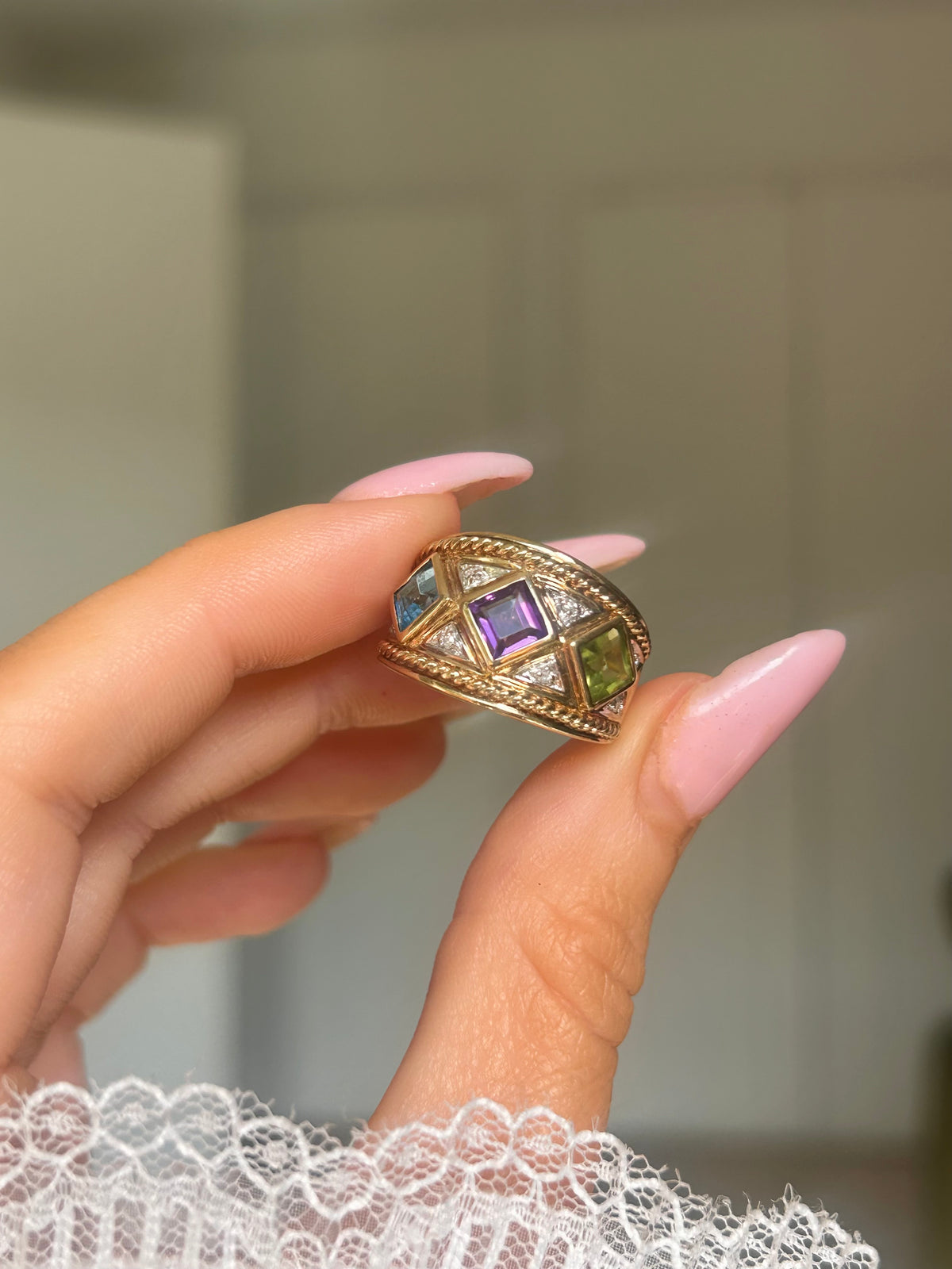 Vintage 9ct Gold Two-Tone Multi-Gemstone & Diamond Wide Band Ring
