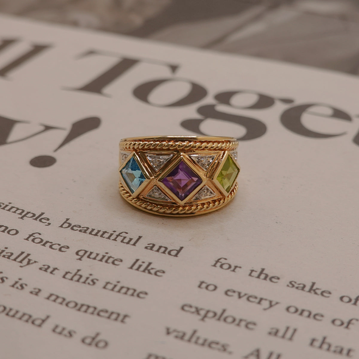 Vintage 9ct Gold Two-Tone Multi-Gemstone & Diamond Wide Band Ring