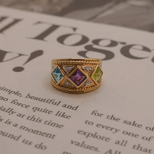 Vintage 9ct Gold Two-Tone Multi-Gemstone & Diamond Wide Band Ring