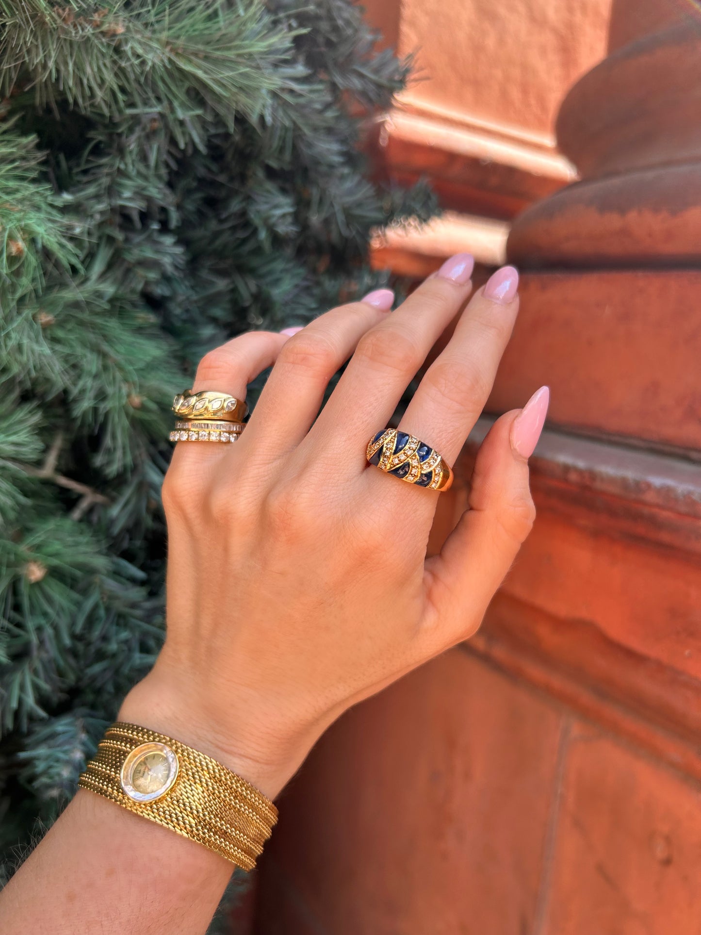 Vintage French 18ct Gold Cabochon Sapphire & Diamond Bombe Ring