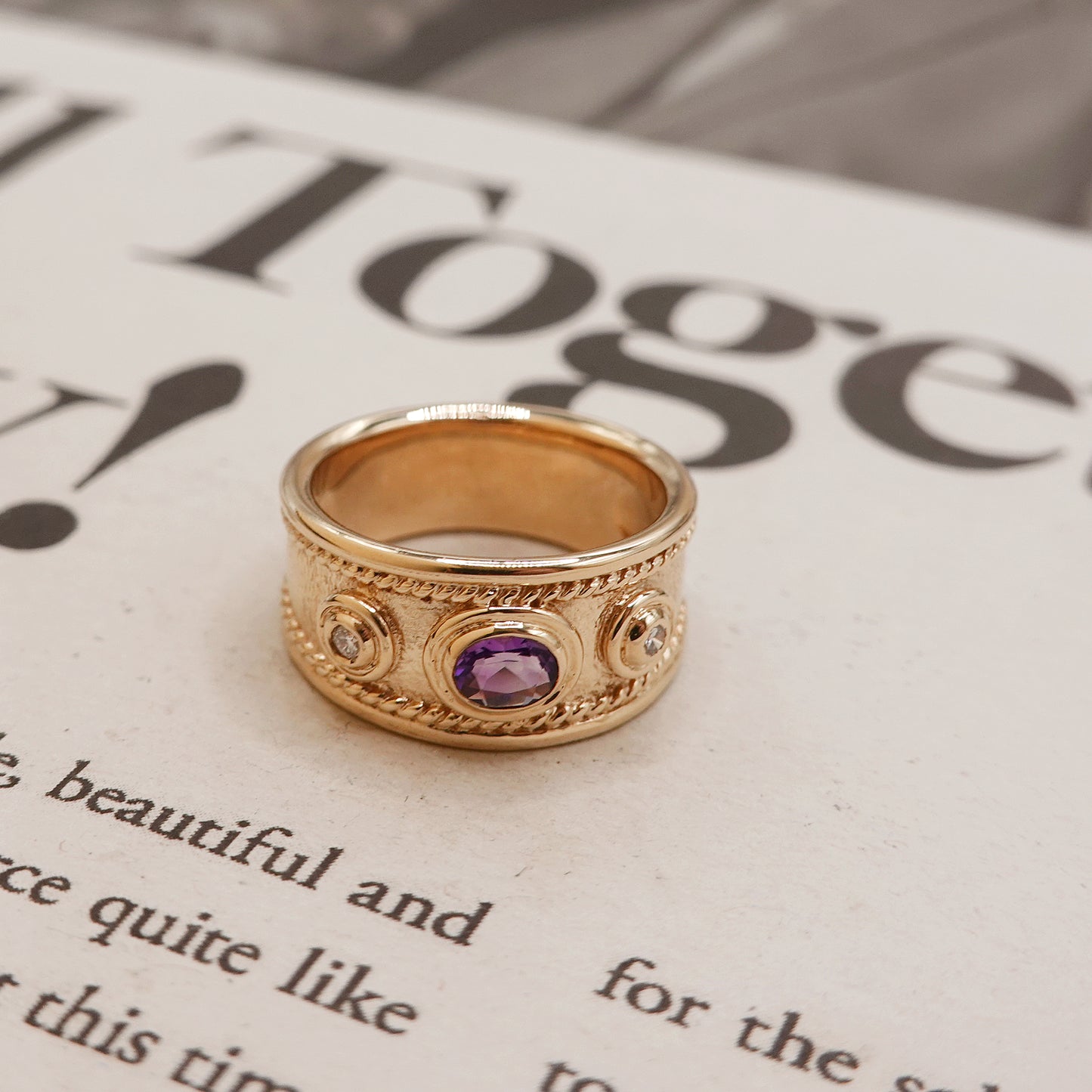 9ct Gold Amethyst & Diamond Vintage Band Ring