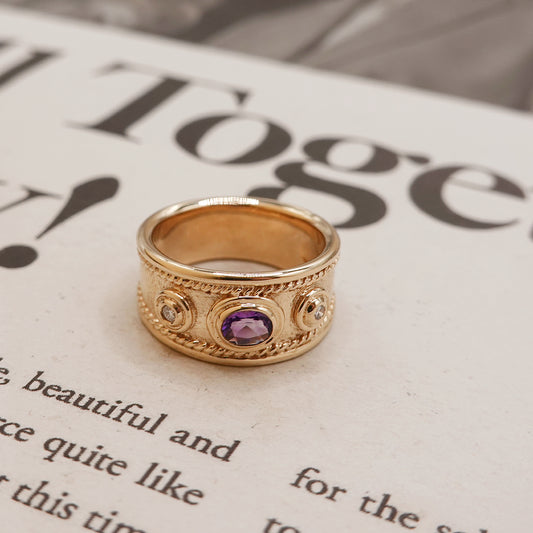 9ct Gold Amethyst & Diamond Vintage Band Ring