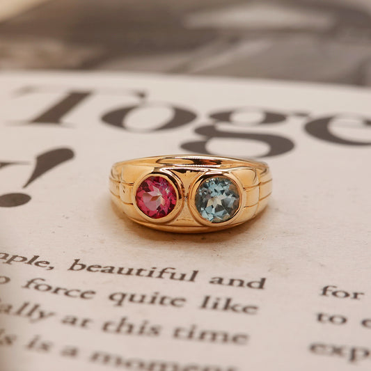 14ct Gold Vintage Chunky Blue and Pink Topaz Ring