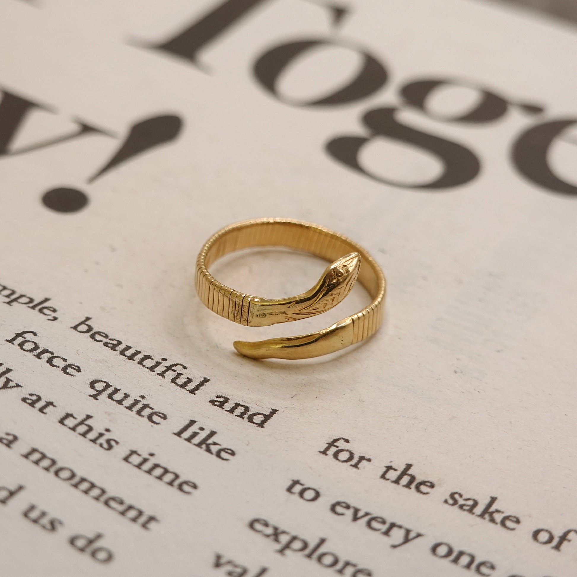 Gold snake ring on a piece of paper with text