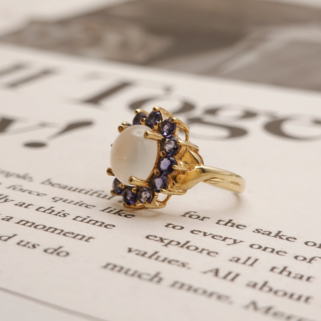 9ct Gold Moonstone and Tanzanite Halo Cluster Ring